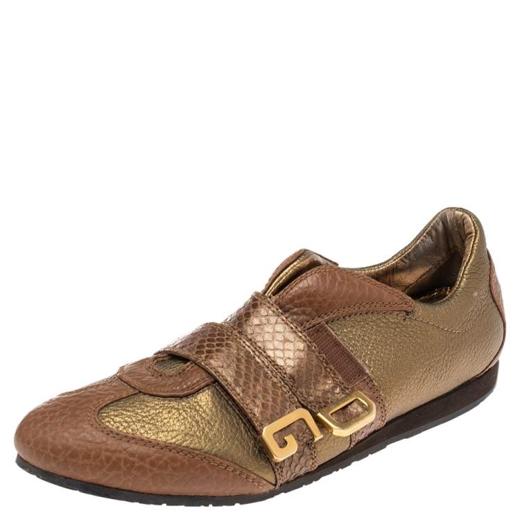 Pre Owned Dolce & Gabbana Brown/Gold Python Embossed Leather Low Top Sneakers Size 39