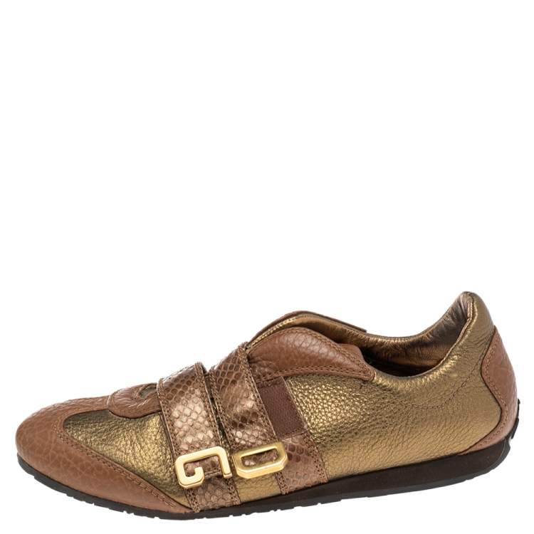 Pre Owned Dolce & Gabbana Brown/Gold Python Embossed Leather Low Top Sneakers Size 39
