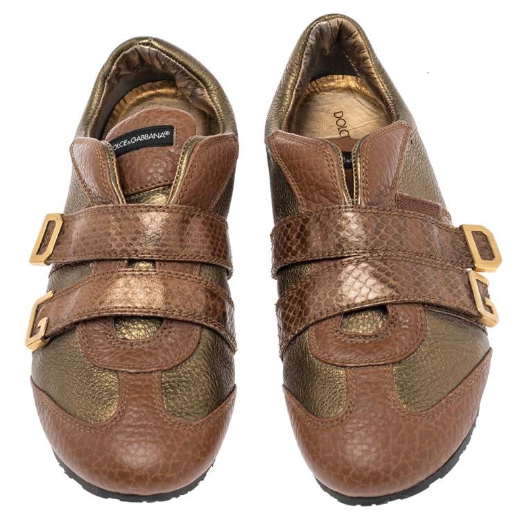 Pre Owned Dolce & Gabbana Brown/Gold Python Embossed Leather Low Top Sneakers Size 39