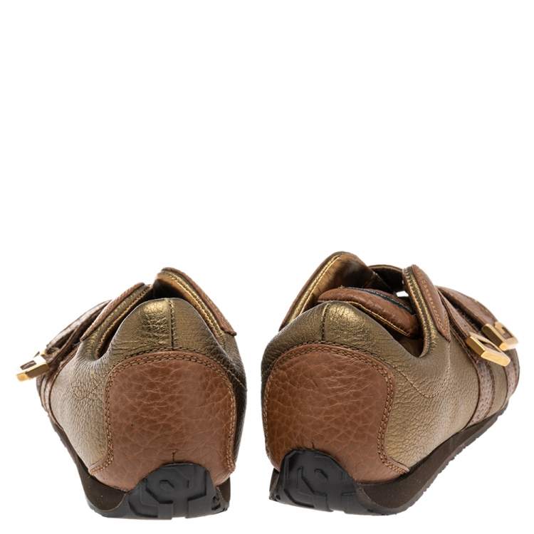 Pre Owned Dolce & Gabbana Brown/Gold Python Embossed Leather Low Top Sneakers Size 39