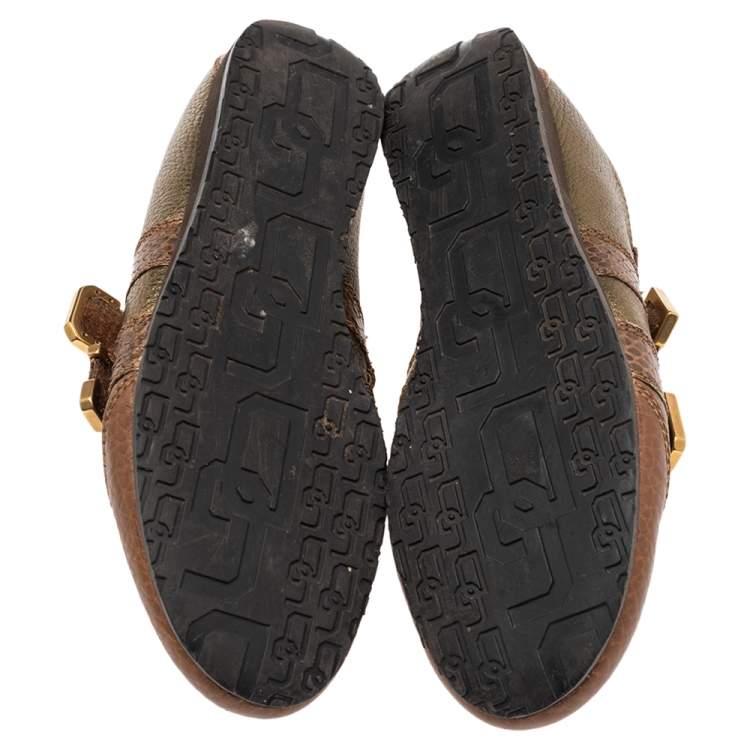 Pre Owned Dolce & Gabbana Brown/Gold Python Embossed Leather Low Top Sneakers Size 39