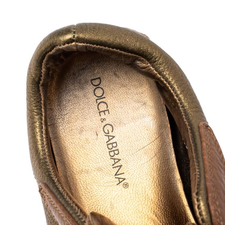 Pre Owned Dolce & Gabbana Brown/Gold Python Embossed Leather Low Top Sneakers Size 39