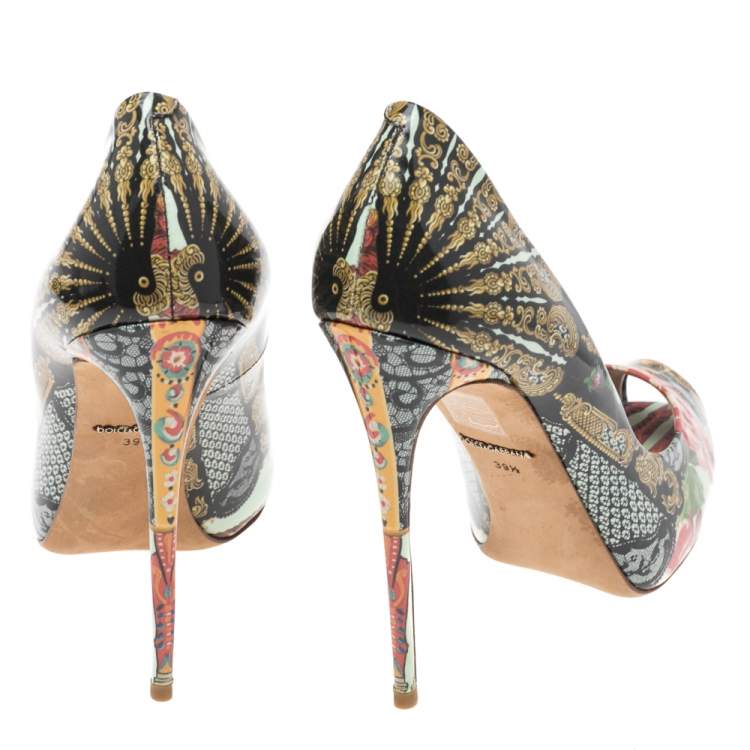 Pre Owned Dolce & Gabbana Multicolor Floral Print Patent Leather Peep Toe Pumps Size 39.5