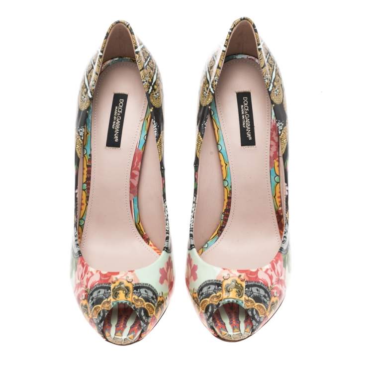 Pre Owned Dolce & Gabbana Multicolor Floral Print Patent Leather Peep Toe Pumps Size 39.5