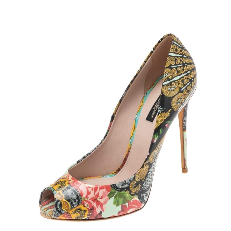 Pre Owned Dolce & Gabbana Multicolor Floral Print Patent Leather Peep Toe Pumps Size 39.5