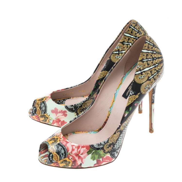 Pre Owned Dolce & Gabbana Multicolor Floral Print Patent Leather Peep Toe Pumps Size 39.5