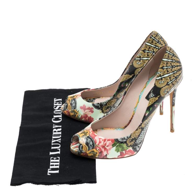 Pre Owned Dolce & Gabbana Multicolor Floral Print Patent Leather Peep Toe Pumps Size 39.5