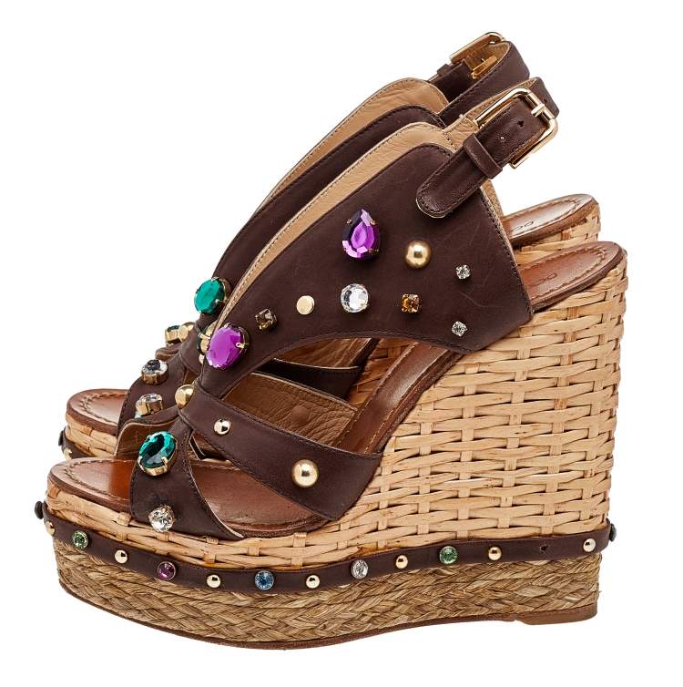 Pre Owned Dolce & Gabbana Brown Leather Crystal And Stud Embellished Wedge Sandals Size 38