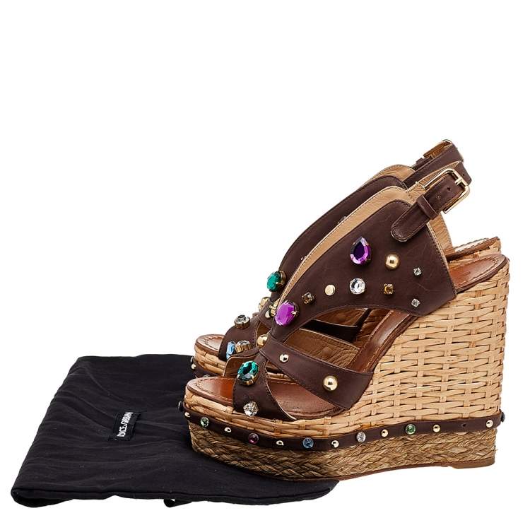 Pre Owned Dolce & Gabbana Brown Leather Crystal And Stud Embellished Wedge Sandals Size 38