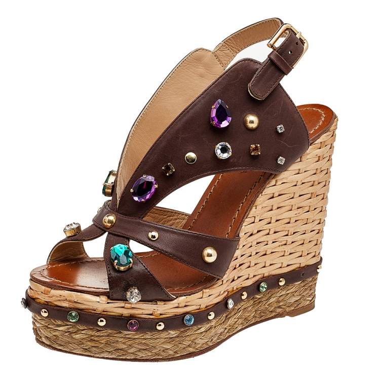 Pre Owned Dolce & Gabbana Brown Leather Crystal And Stud Embellished Wedge Sandals Size 38