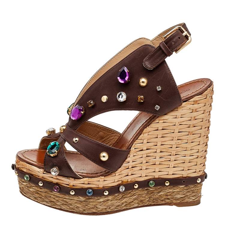Pre Owned Dolce & Gabbana Brown Leather Crystal And Stud Embellished Wedge Sandals Size 38