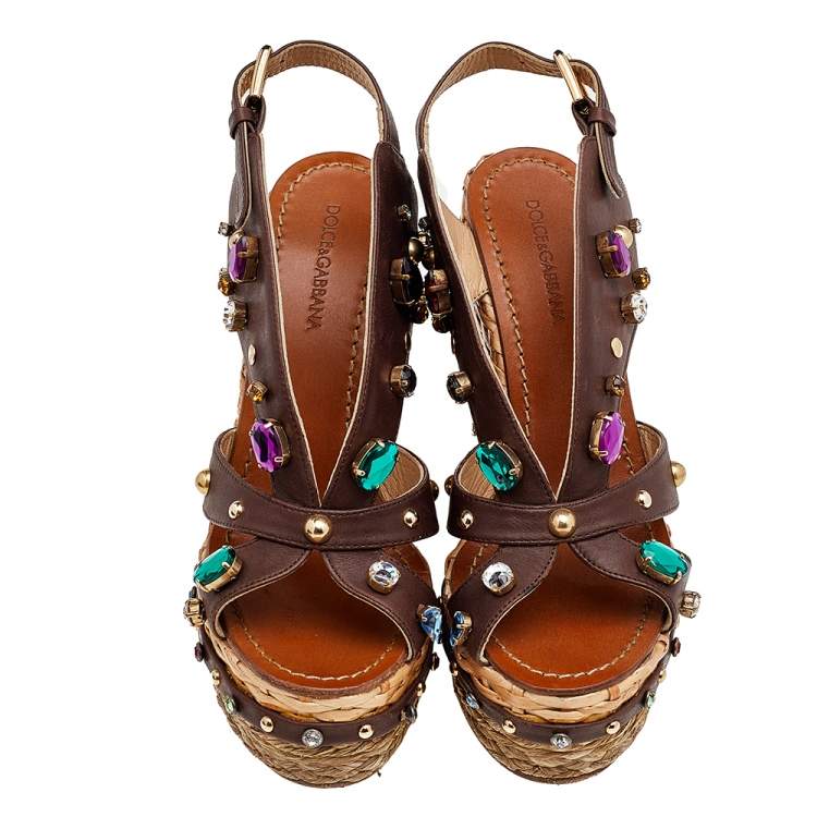Pre Owned Dolce & Gabbana Brown Leather Crystal And Stud Embellished Wedge Sandals Size 38