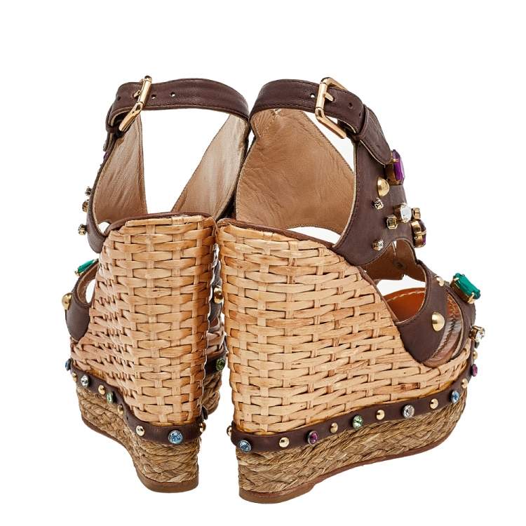 Pre Owned Dolce & Gabbana Brown Leather Crystal And Stud Embellished Wedge Sandals Size 38