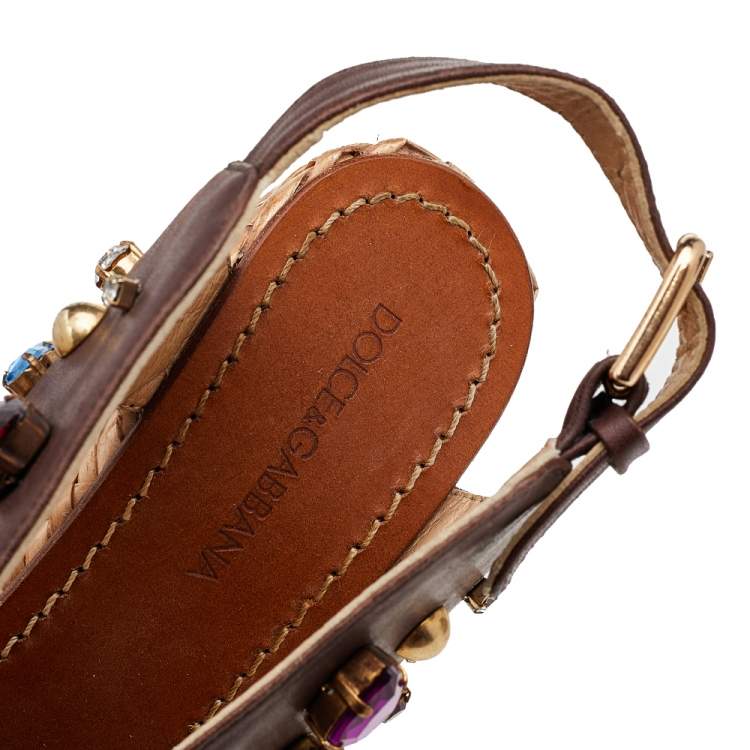 Pre Owned Dolce & Gabbana Brown Leather Crystal And Stud Embellished Wedge Sandals Size 38
