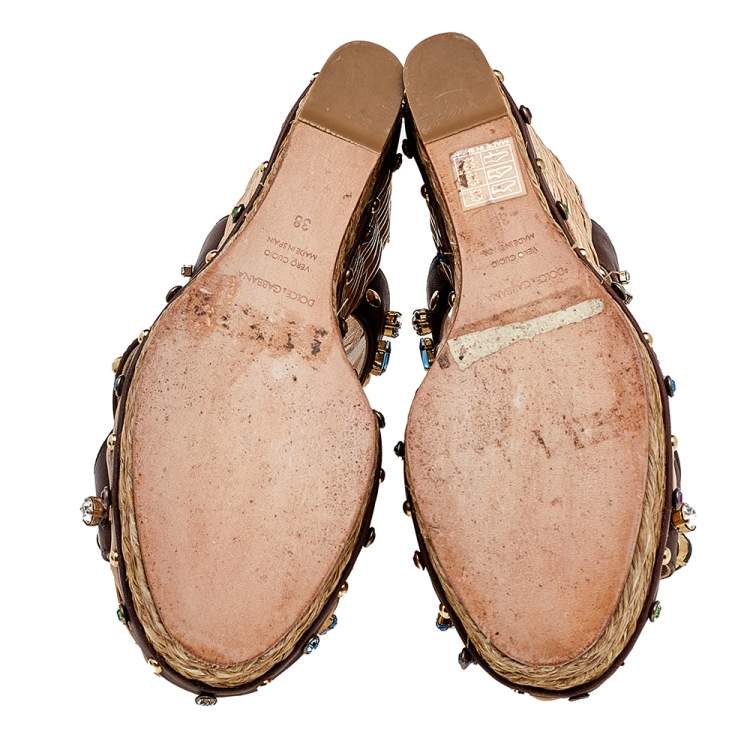 Pre Owned Dolce & Gabbana Brown Leather Crystal And Stud Embellished Wedge Sandals Size 38