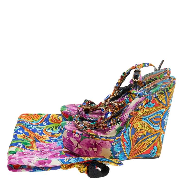 Pre Owned Dolce & Gabbana Multicolor Floral Print Fabric Crystal Embellished T Strap Platform Sandals Size 38
