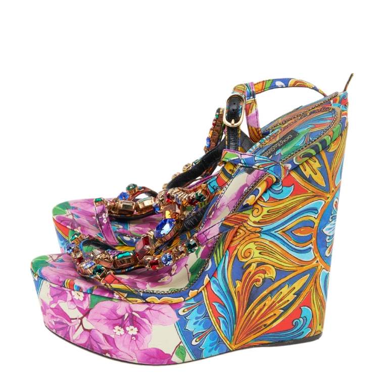 Pre Owned Dolce & Gabbana Multicolor Floral Print Fabric Crystal Embellished T Strap Platform Sandals Size 38