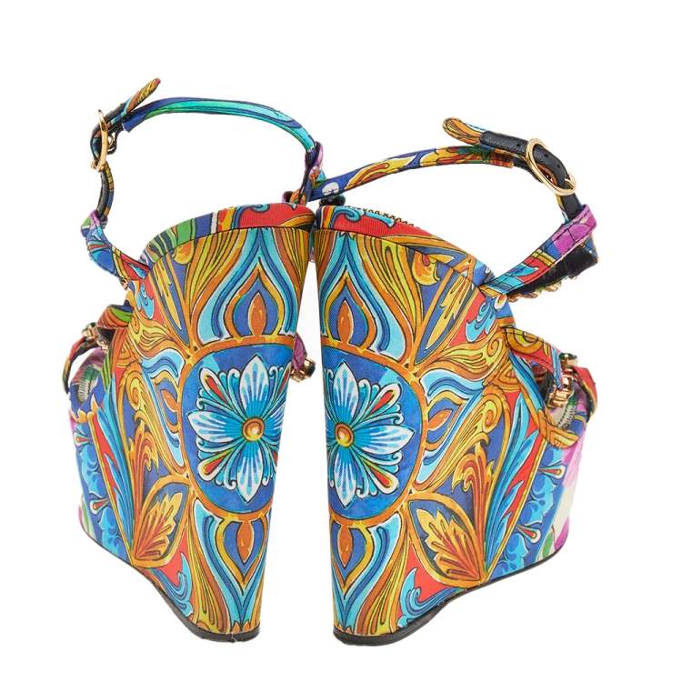 Pre Owned Dolce & Gabbana Multicolor Floral Print Fabric Crystal Embellished T Strap Platform Sandals Size 38