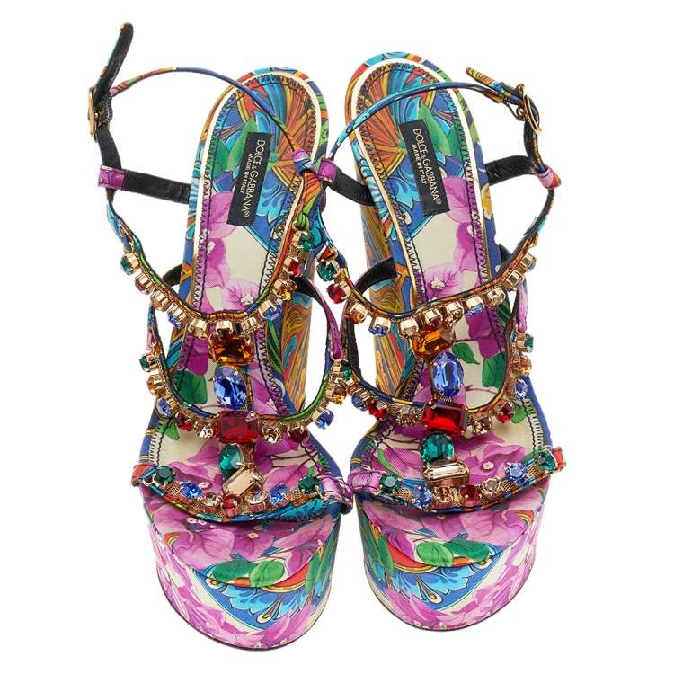Pre Owned Dolce & Gabbana Multicolor Floral Print Fabric Crystal Embellished T Strap Platform Sandals Size 38