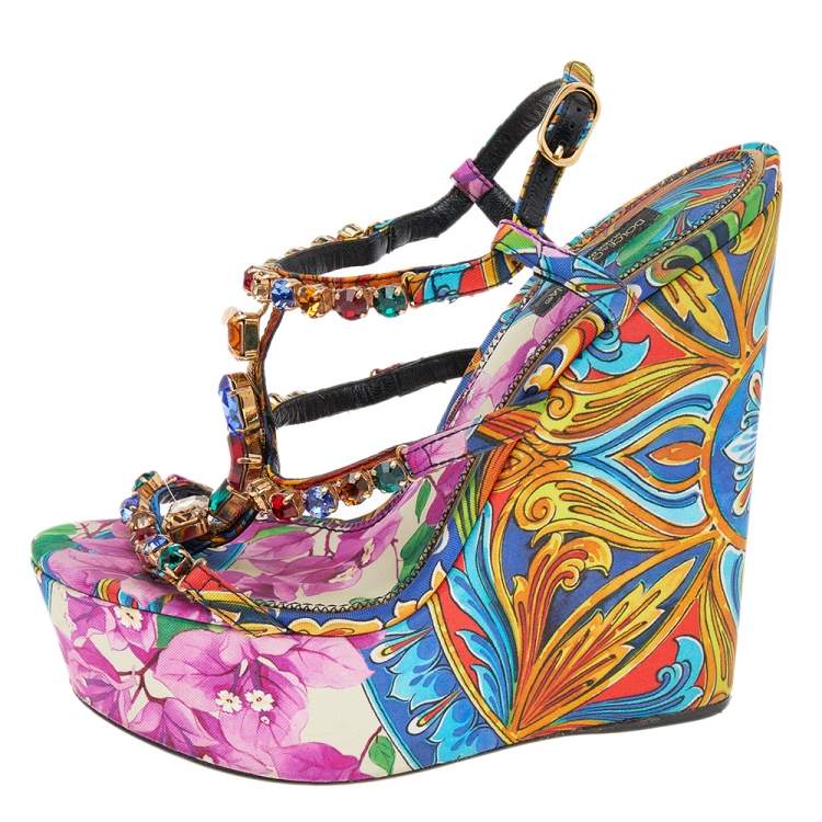 Pre Owned Dolce & Gabbana Multicolor Floral Print Fabric Crystal Embellished T Strap Platform Sandals Size 38