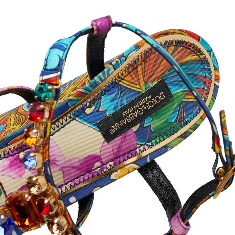 Pre Owned Dolce & Gabbana Multicolor Floral Print Fabric Crystal Embellished T Strap Platform Sandals Size 38