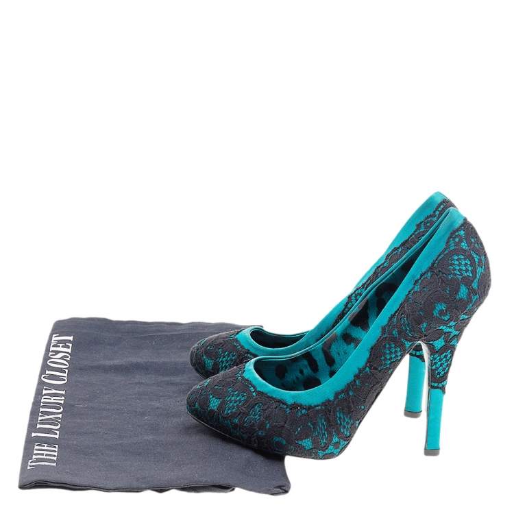 Pre Owned Dolce & Gabbana Green/Black Lace and Satin Pumps Size 35