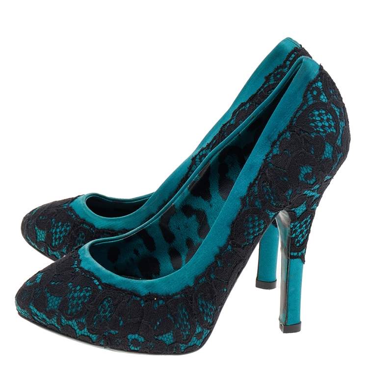 Pre Owned Dolce & Gabbana Green/Black Lace and Satin Pumps Size 35
