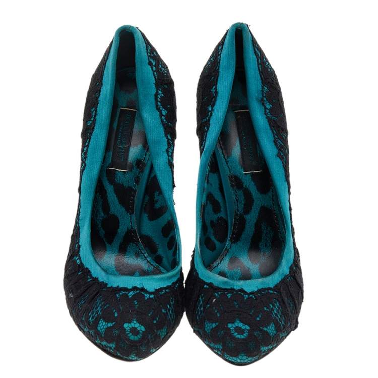 Pre Owned Dolce & Gabbana Green/Black Lace and Satin Pumps Size 35
