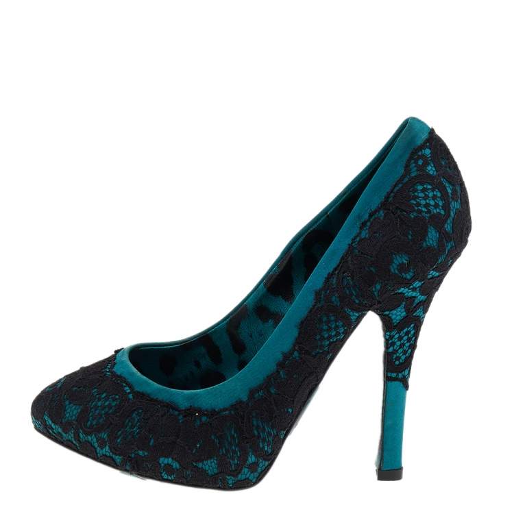 Pre Owned Dolce & Gabbana Green/Black Lace and Satin Pumps Size 35