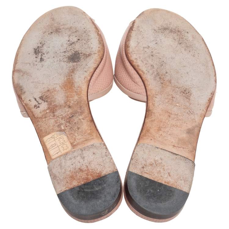 Pre Owned Dolce & Gabbana Beige Lizard Embossed Leather Crystal Embellished Bow Flat Slides Size 38