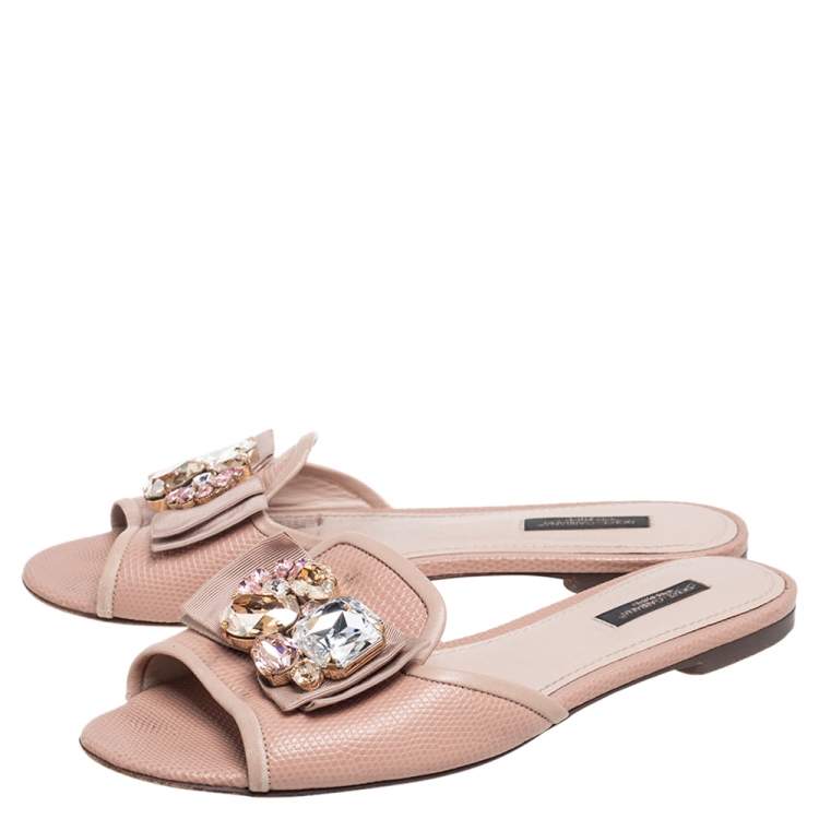 Pre Owned Dolce & Gabbana Beige Lizard Embossed Leather Crystal Embellished Bow Flat Slides Size 38