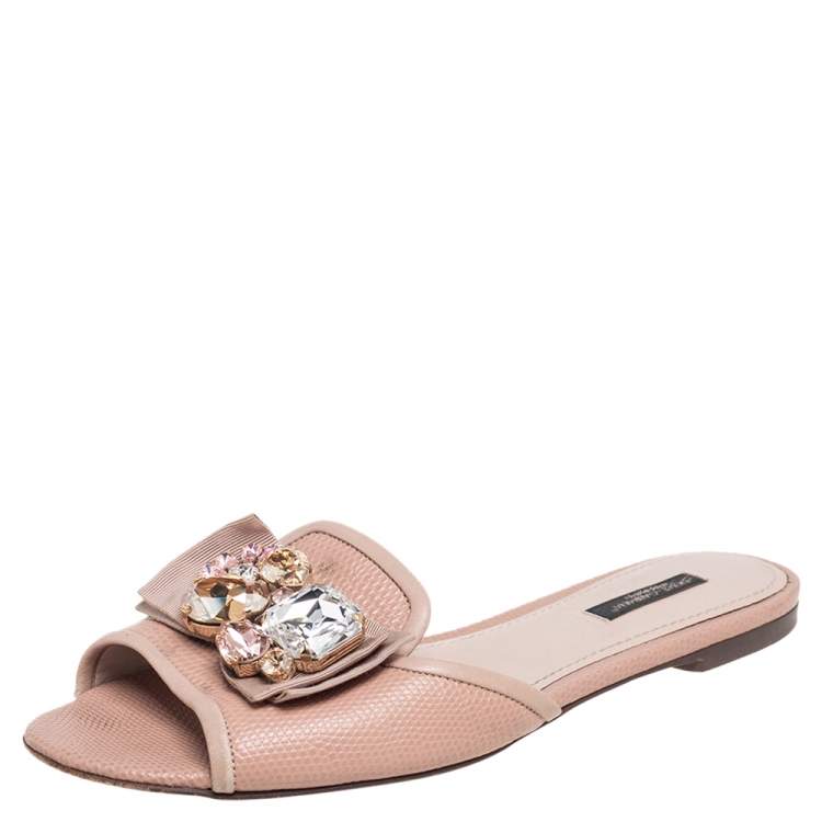 Pre Owned Dolce & Gabbana Beige Lizard Embossed Leather Crystal Embellished Bow Flat Slides Size 38