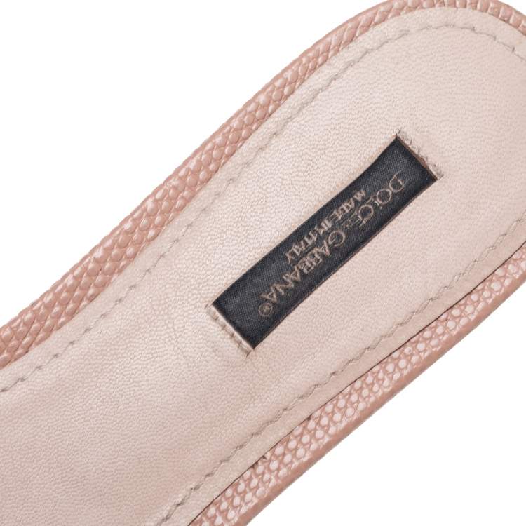Pre Owned Dolce & Gabbana Beige Lizard Embossed Leather Crystal Embellished Bow Flat Slides Size 38