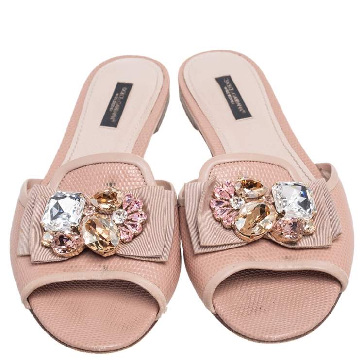 Pre Owned Dolce & Gabbana Beige Lizard Embossed Leather Crystal Embellished Bow Flat Slides Size 38