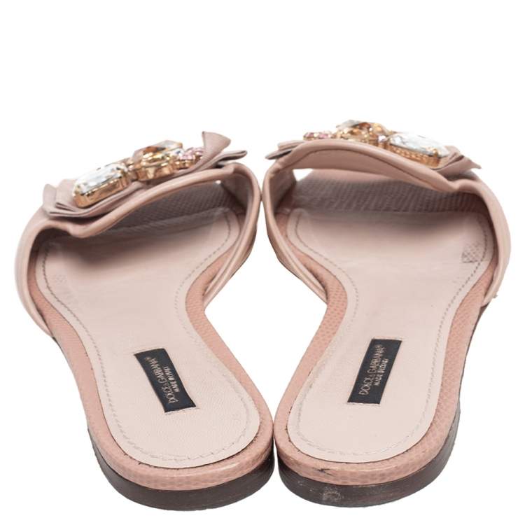 Pre Owned Dolce & Gabbana Beige Lizard Embossed Leather Crystal Embellished Bow Flat Slides Size 38