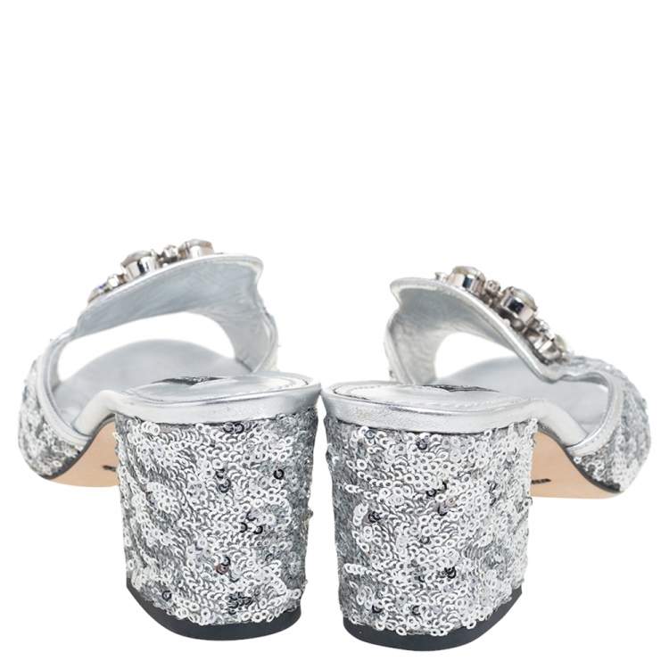 Dolce And Gabbana Silver Sequins And Leather Trim Crystal Embellished Block Heel Slide Sandals 