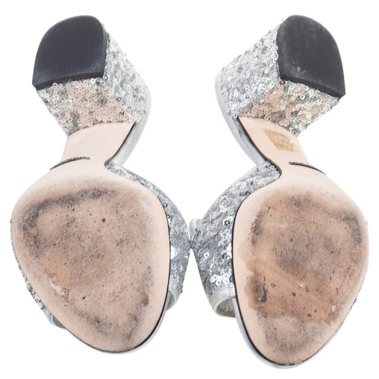 Pre Owned Dolce & Gabbana Silver Sequins and Leather Trim Crystal Embellished Block Heel Slide Sandals Size 37