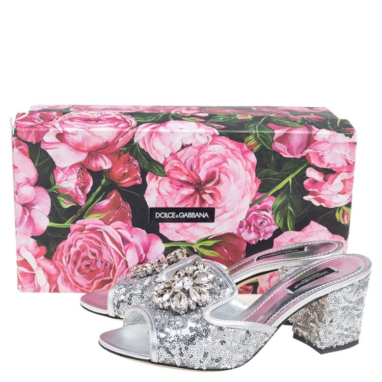 Pre Owned Dolce & Gabbana Silver Sequins and Leather Trim Crystal Embellished Block Heel Slide Sandals Size 37