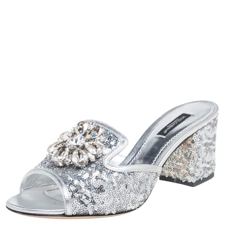 Pre Owned Dolce & Gabbana Silver Sequins and Leather Trim Crystal Embellished Block Heel Slide Sandals Size 37