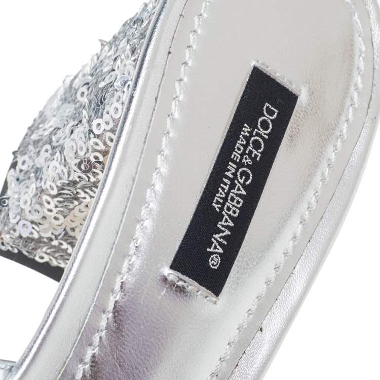 Pre Owned Dolce & Gabbana Silver Sequins and Leather Trim Crystal Embellished Block Heel Slide Sandals Size 37
