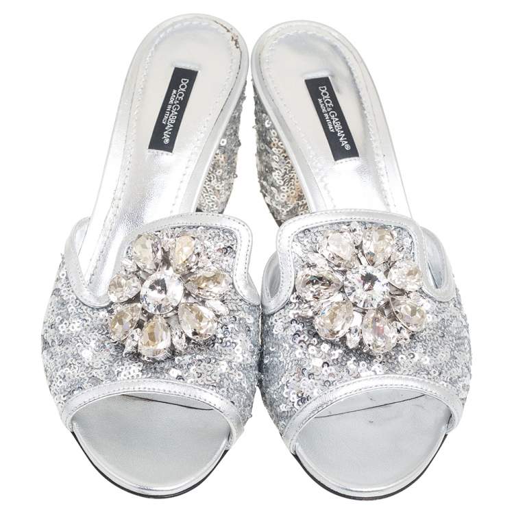 Pre Owned Dolce & Gabbana Silver Sequins and Leather Trim Crystal Embellished Block Heel Slide Sandals Size 37