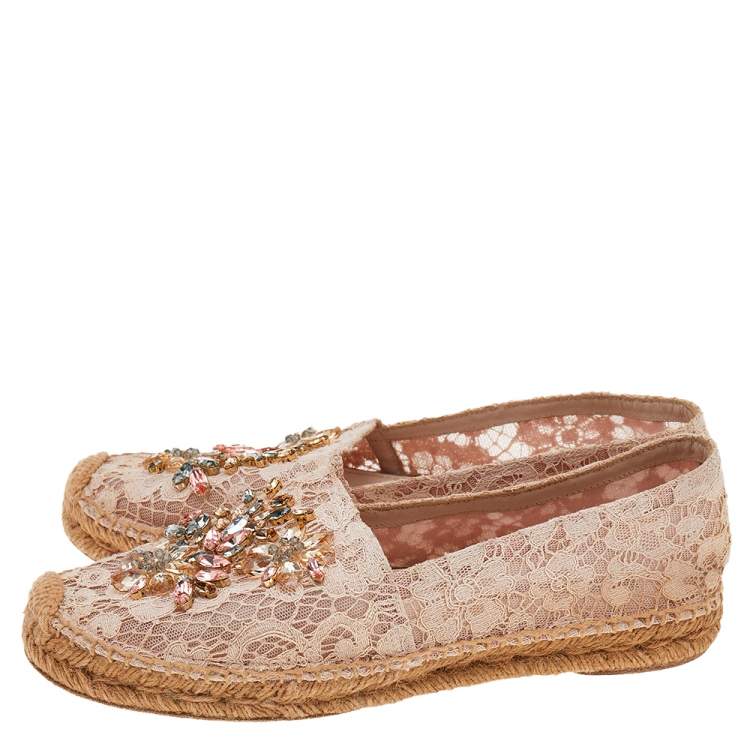 Pre Owned Dolce & Gabbana Beige Lace Embellished Espadrille Flat Size 38