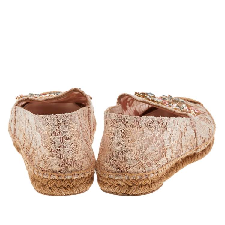 Pre Owned Dolce & Gabbana Beige Lace Embellished Espadrille Flat Size 38