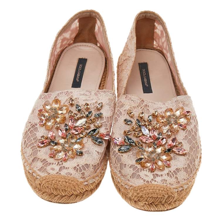 Pre Owned Dolce & Gabbana Beige Lace Embellished Espadrille Flat Size 38