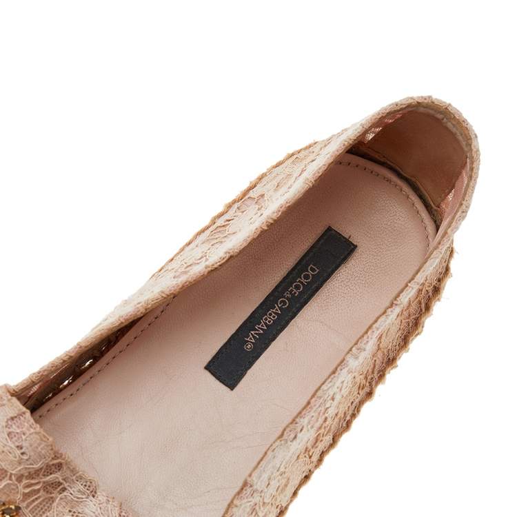 Pre Owned Dolce & Gabbana Beige Lace Embellished Espadrille Flat Size 38