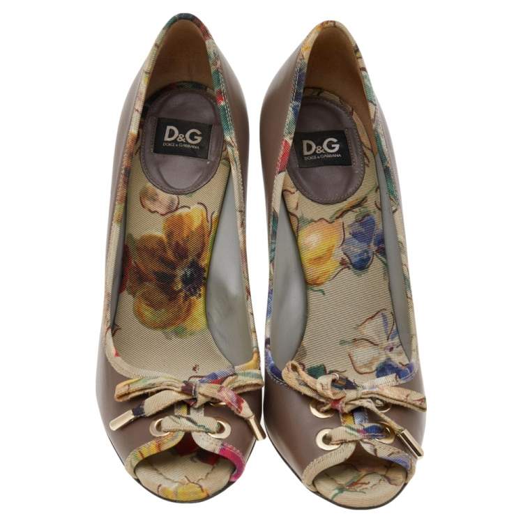 Pre Owned Dolce & Gabbana Grey Leather And Fabric Bow Pumps Size 36.5