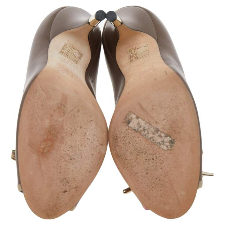 Pre Owned Dolce & Gabbana Grey Leather And Fabric Bow Pumps Size 36.5