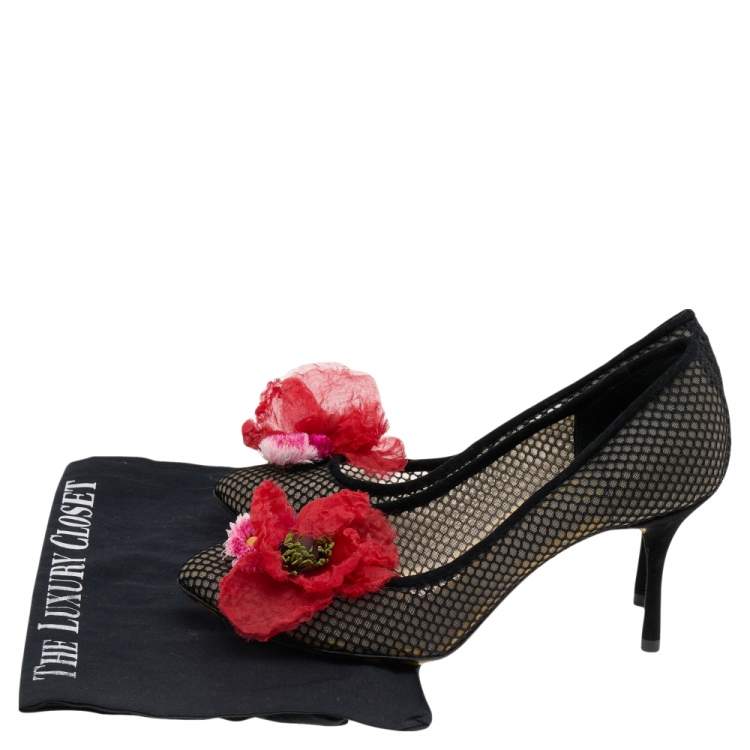 Pre Owned Dolce & Gabbana Black Mesh and Suede Floral Appliqué Pumps Size 39.5
