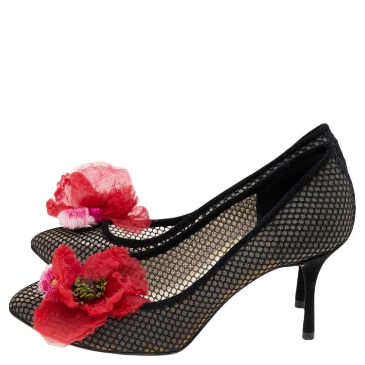 Pre Owned Dolce & Gabbana Black Mesh and Suede Floral Appliqué Pumps Size 39.5