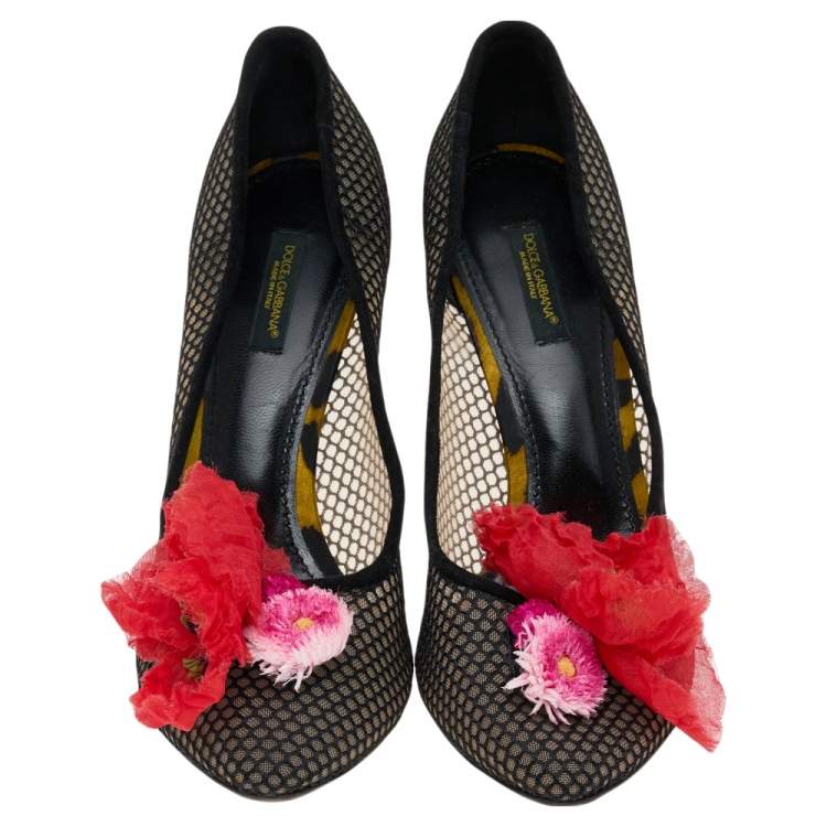 Pre Owned Dolce & Gabbana Black Mesh and Suede Floral Appliqué Pumps Size 39.5